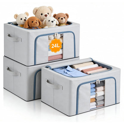 Hejo 3 Pack 24L Clothes Storage Boxes with Steel Frame,Foldable Storage Box