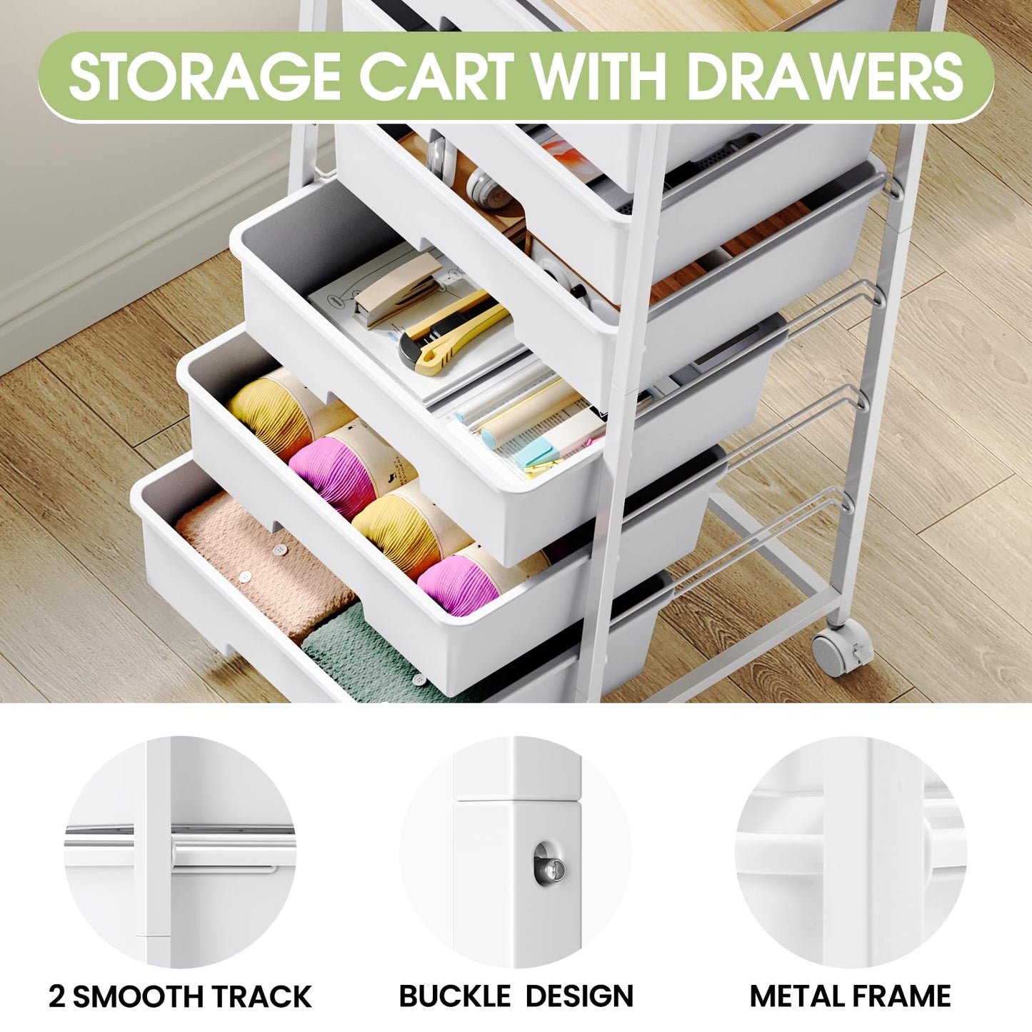 6-Drawer Craft Organizer Trolley Cart with Wooden Top, White