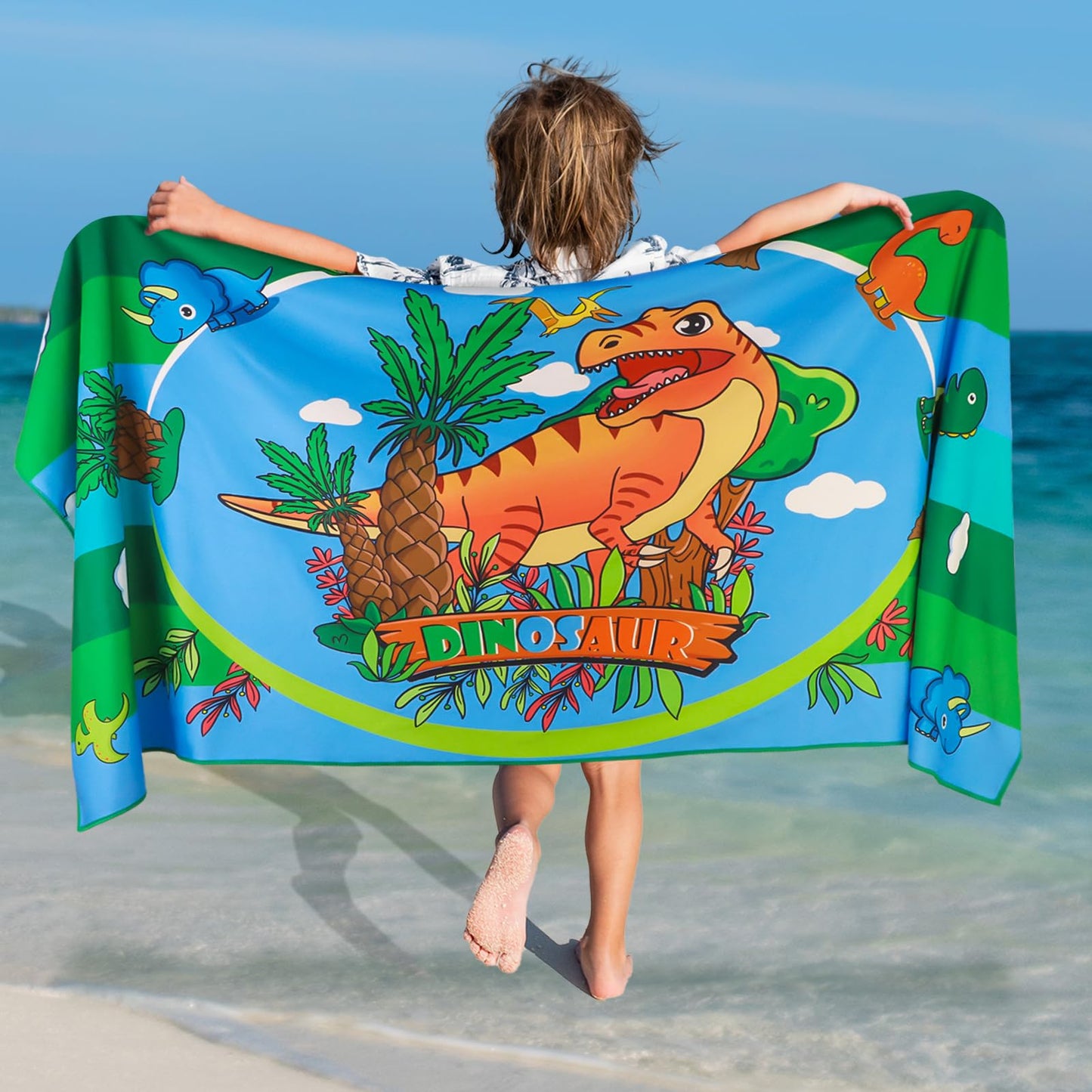 Dinosaur Kids Beach Towel for Boys, Beach Towels Microfibre Sand Free, 75 x 150 CM Large Wuick Dry Swimming Bath Towels, Summer Essentials Soft