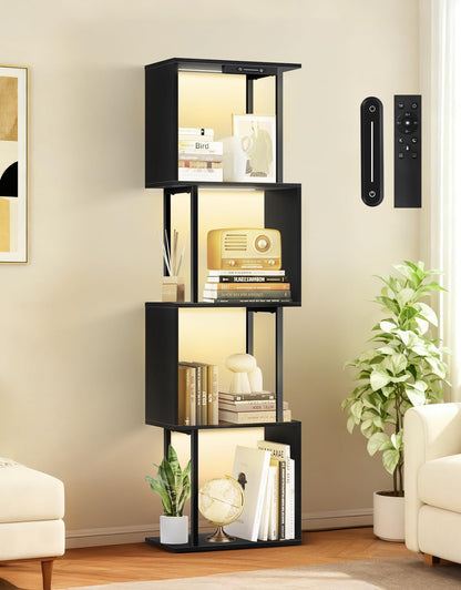 OUTONLIFE 5 Tier S-Shaped Geometric Bookshelf with LED Light, 3 Color Temperatures, Touch & Remote Control, Dimmable Standing Bookcase