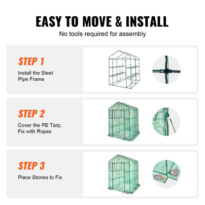 VEVOR Walk-in Green House, 4.6 x 4.6 x 6.6 ft Greenhouse with Shelves, Set Up in Minutes, High Strength PE Cover with Door & Windows and Steel Frame,