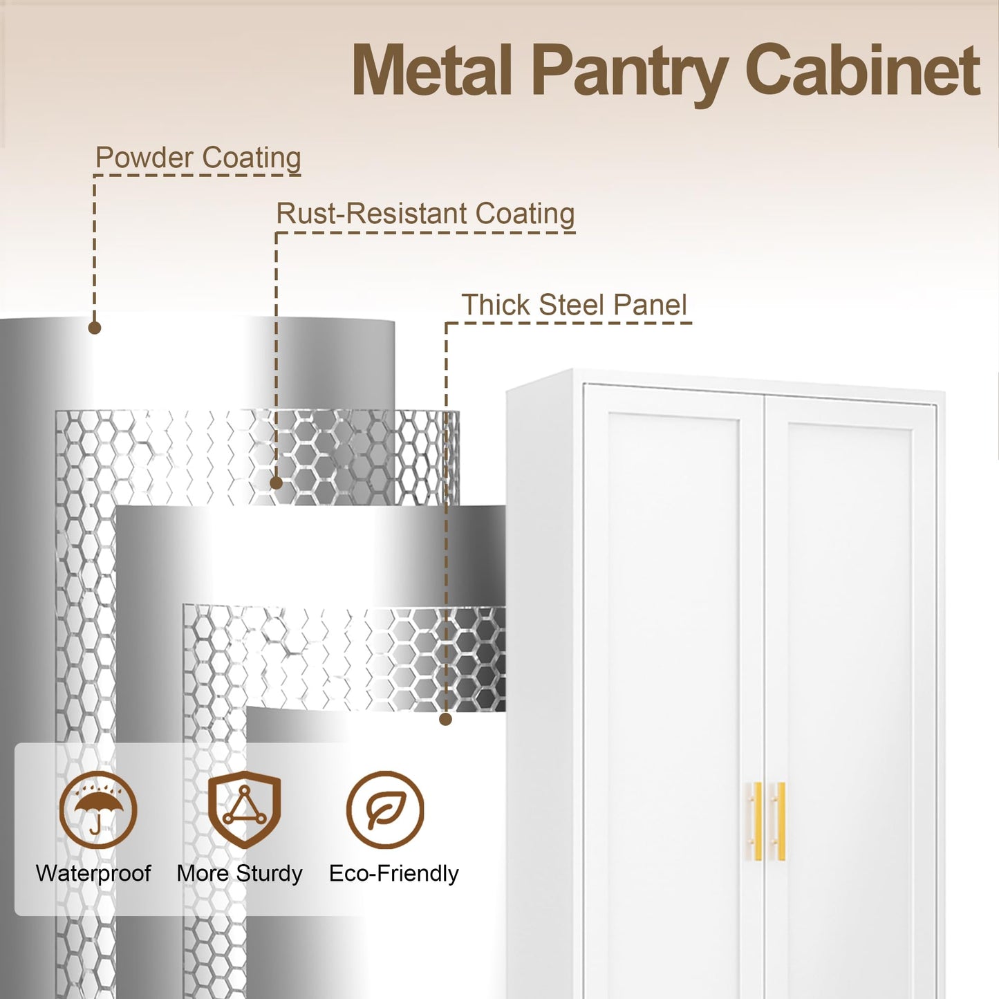 Tall Kitchen Cupboard, 180cm Metal Storage Cabinet, White, 180*70*35cm