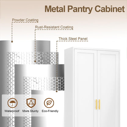 Tall Kitchen Cupboard, 180cm Metal Storage Cabinet, White, 180*70*35cm