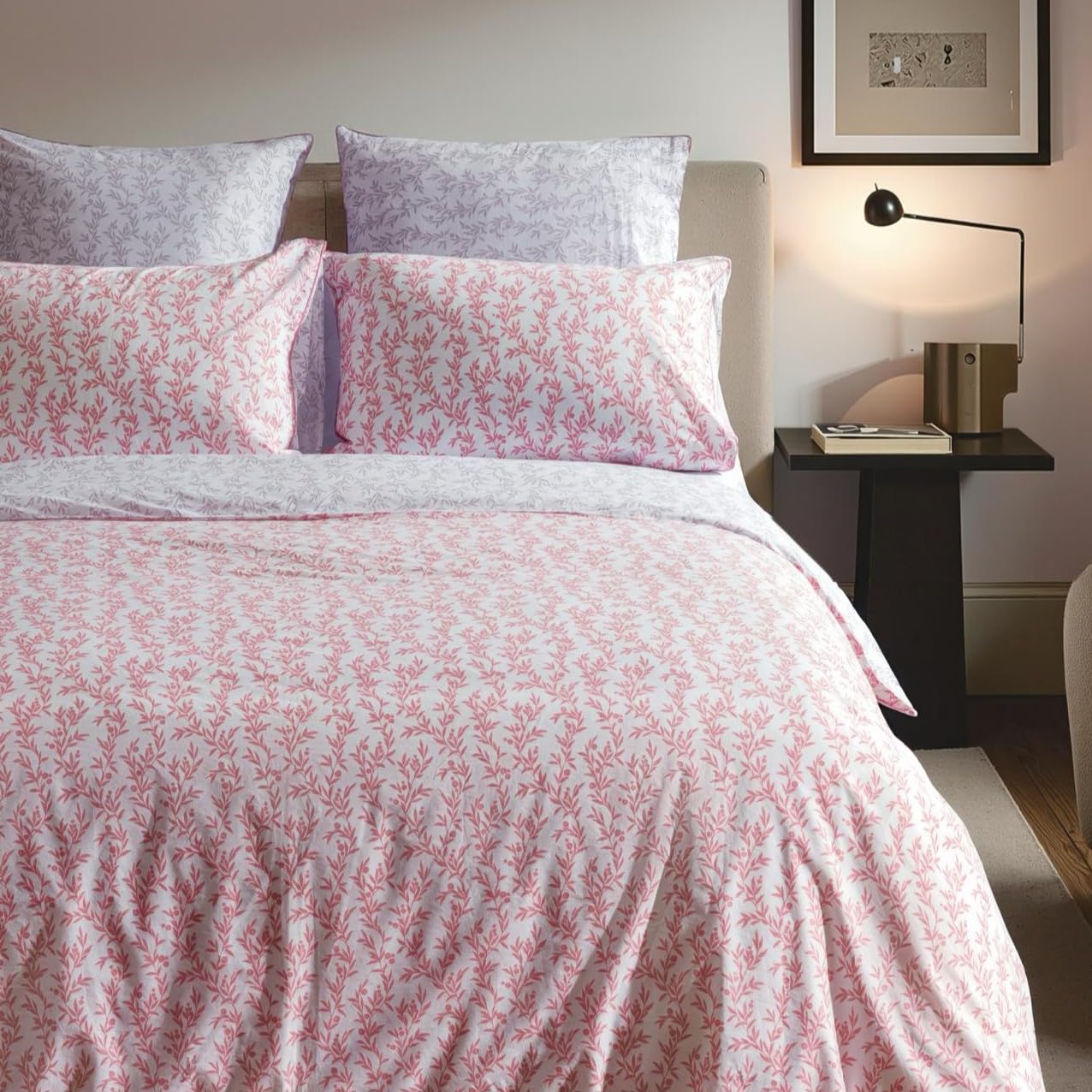 LERUUM Pink Lilac Duvet Cover Double Reversible Ditsy Floral Botanical Premium 200TC Cotton Percale Bedding Set Hotel Quality Piped Pillowcases