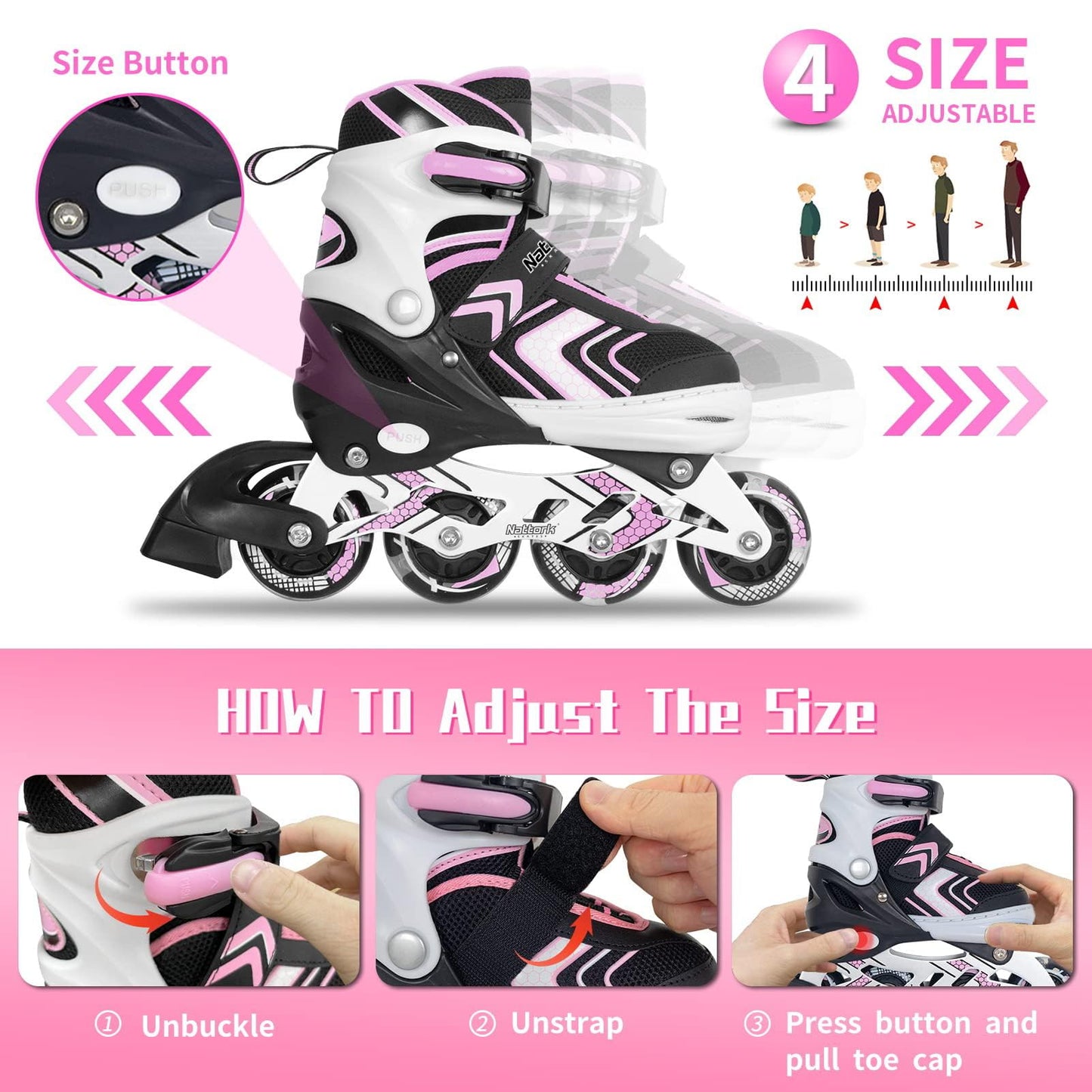 Nattork Roller Skates for Girls with Full Light up Wheels, Adjustable Beginner Inline Skates for Youth, Pink Ages 8-12
