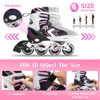 Nattork Roller Skates for Girls with Full Light up Wheels, Adjustable Beginner Inline Skates for Little Kids, Pink, Size 10J 11J 12J