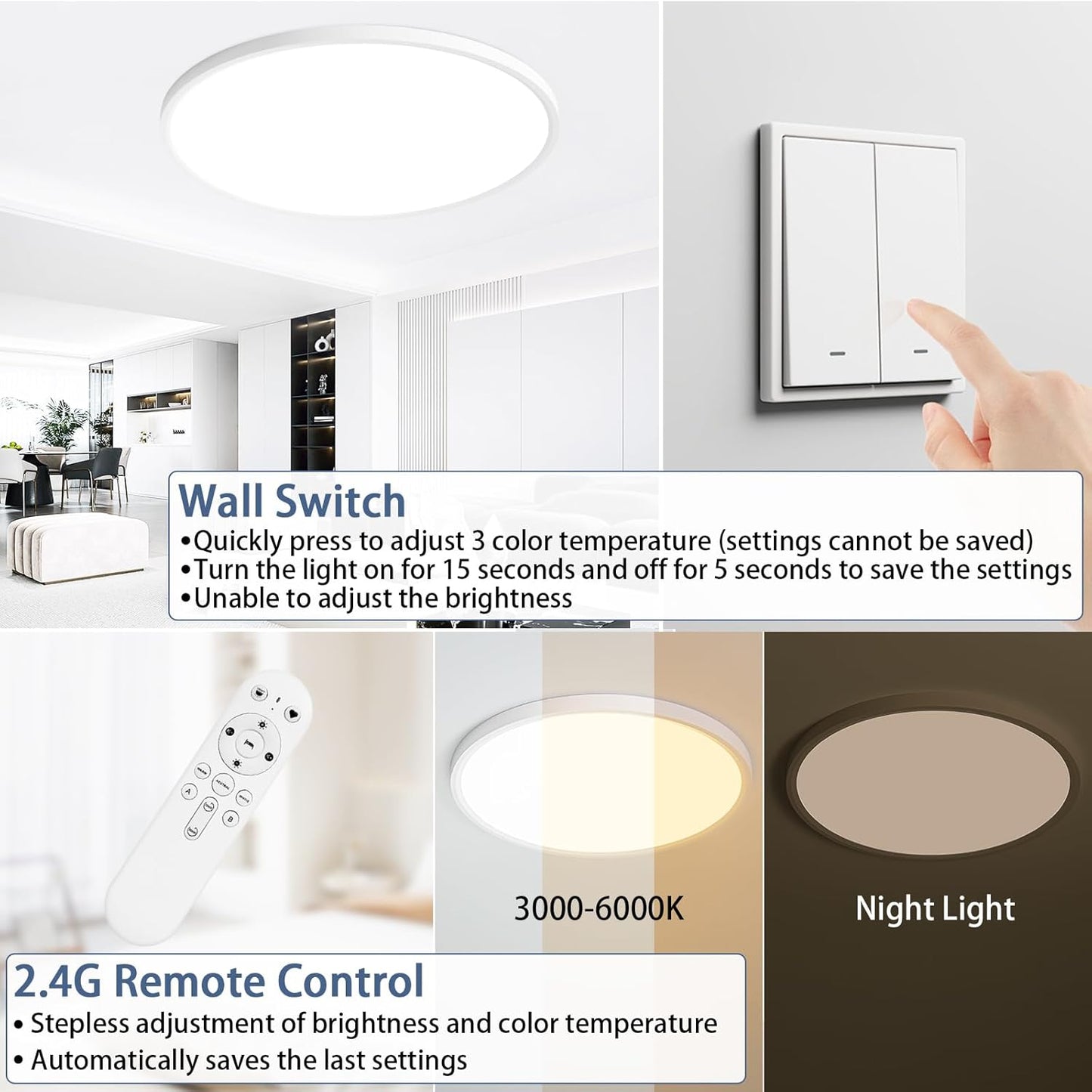 KIWIVIC 48W Ceiling Lights, LED Ceiling Light Dimmable with Remote Control, Bedroom Lights Ceiling 3000-6000K Ø50cm, White Flush Ceiling Light for Living Room Bedroom Kitchen Office