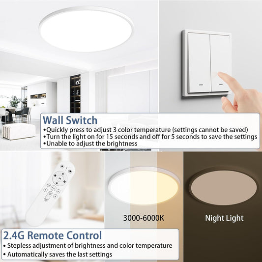 KIWIVIC 48W Ceiling Lights, LED Ceiling Light Dimmable with Remote Control, Bedroom Lights Ceiling 3000-6000K Ø50cm, White Flush Ceiling Light for Living Room Bedroom Kitchen Office