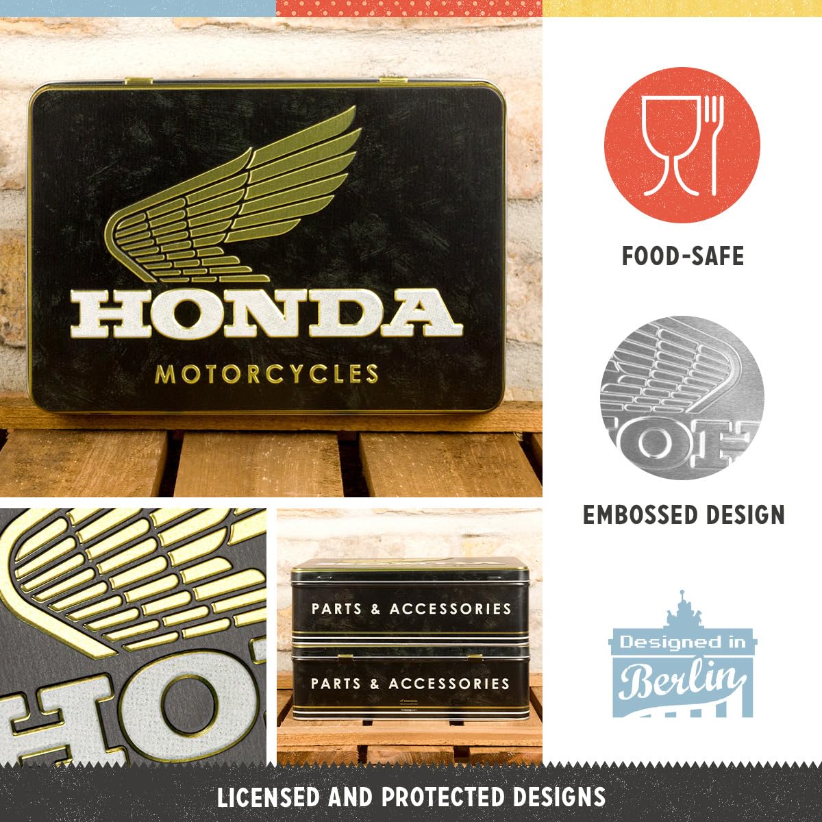 Nostalgic-Art Honda MC - Parts & Accessories Gold - Retro Flat Storage Container - 2.5L - BIKER GIFT IDEA - Official License Product