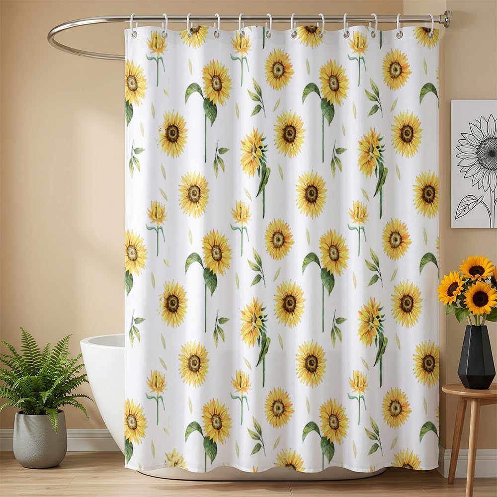 Rohxyzo Watercolour Sunflower Shower Curtain, 180 x 180 cm, Polyester Fabric Bathroom Curtain with 12 Hooks
