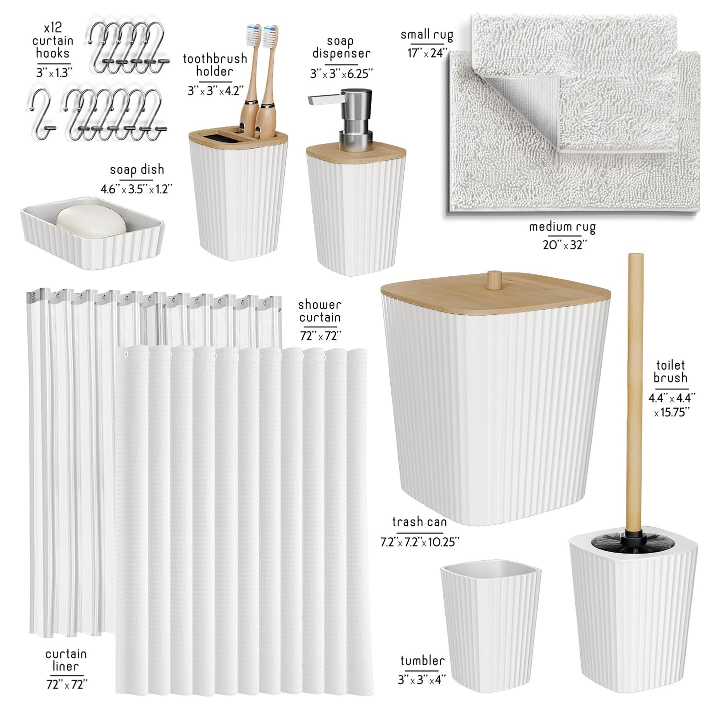 Clara Clark Bathroom Accessories Set - Bathroom Accessory Set with Shower Curtain Set, Toilet Brush, Trash Can & Soap Dispenser & Rugs
