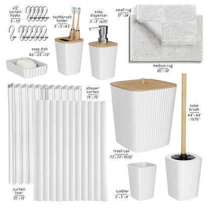Clara Clark Bathroom Accessories Set - Bathroom Accessory Set with Shower Curtain Set, Toilet Brush, Trash Can & Soap Dispenser & Rugs