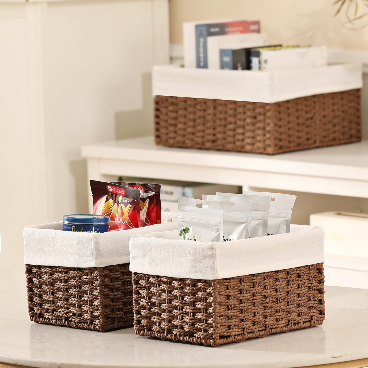 Vagusicc Wicker Storage Basket, Set of 3 Rectangular Storage Gift Hamper Basket with Removable Fabric Lining