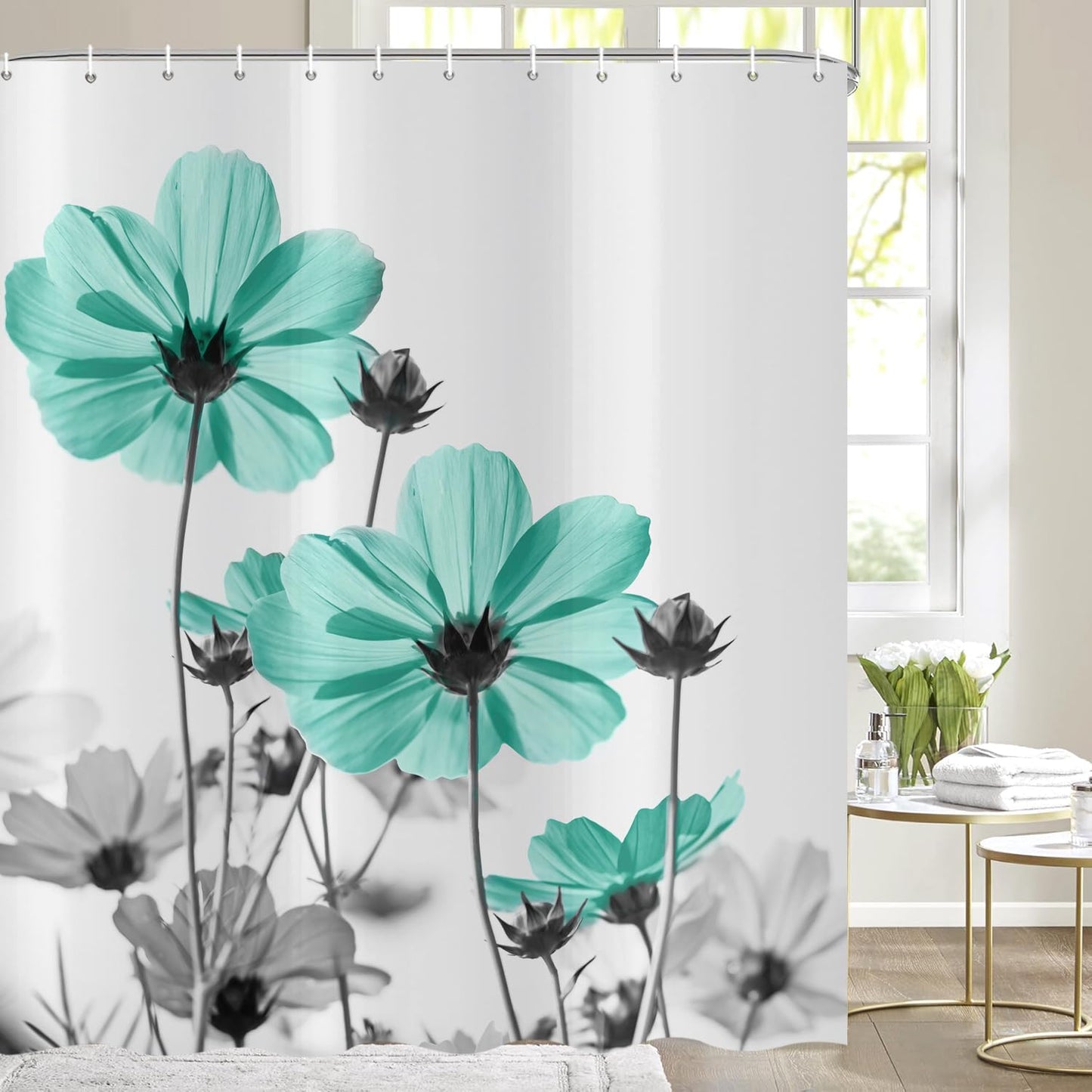ASDCXZ Turquoise Floral Shower Curtain 180x200 cm, Watercolor Turquoise Gray Daisy Flowers Rustic Farmhouse Waterproof Bath Curtain Polyester Textile