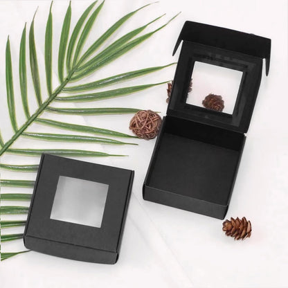 24 Packs Brown Kraft Paper Boxes with Transparent Windows for Jewellery Storage Display (9.5 x 9.5 x 3.5 cm, Black)
