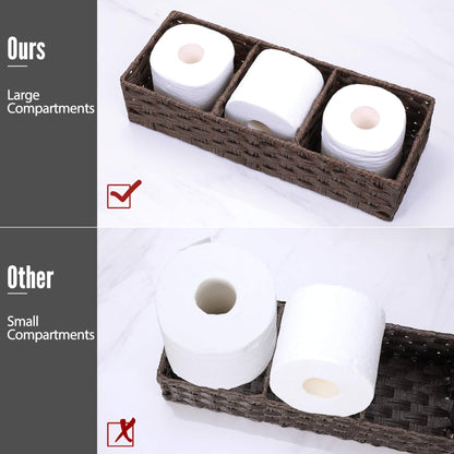 [Larger Compartments] Toilet Tank Topper Paper Basket - Multiuse Hand Woven Plastic Wicker Basket with Divider for Organizing
