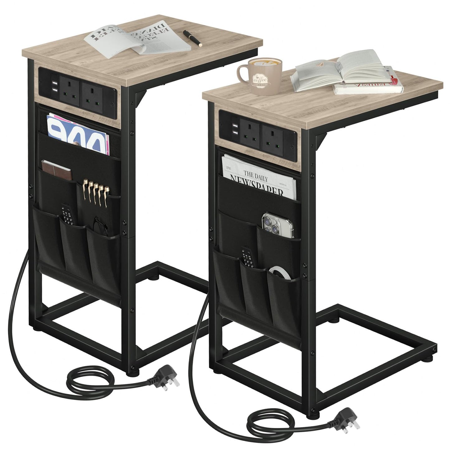 AMHANCIBLE C-Shaped Side Table with Charging Station, Side Table Set of 2