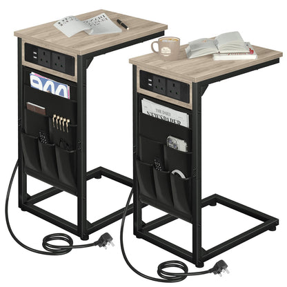 AMHANCIBLE C-Shaped Side Table with Charging Station, Side Table Set of 2