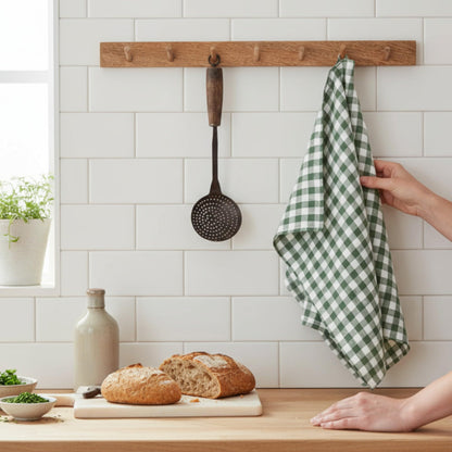 Eight Owls Stonewashed Linen Kitchen Dish Towels – 50 x 68 cm – 100% Pure Linen Tea Towel/Hand Towel - set of 2 (Green Check)