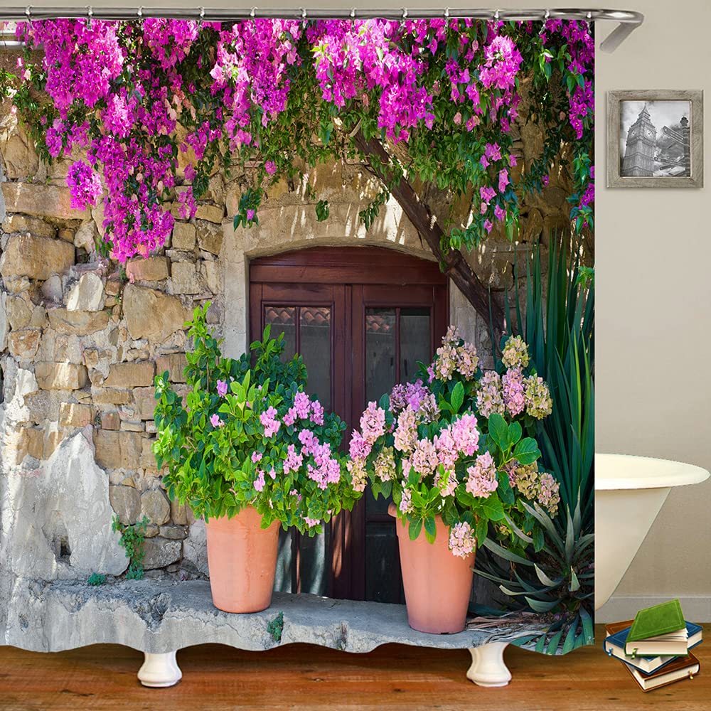 JIANGLANY Italian Outdoor Shower Curtain View of Stonewall House with Flowerpot Red Purple Flower in Italy Town Garden Curtain 3D Picture Bathroom