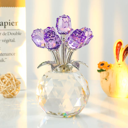 Crystal Purple Rose Bouquet Figurines Gifts for Women Valentine's Day, Glass Floral Ornament for Mother's Day Birthday Christmas Amethyst Collectible