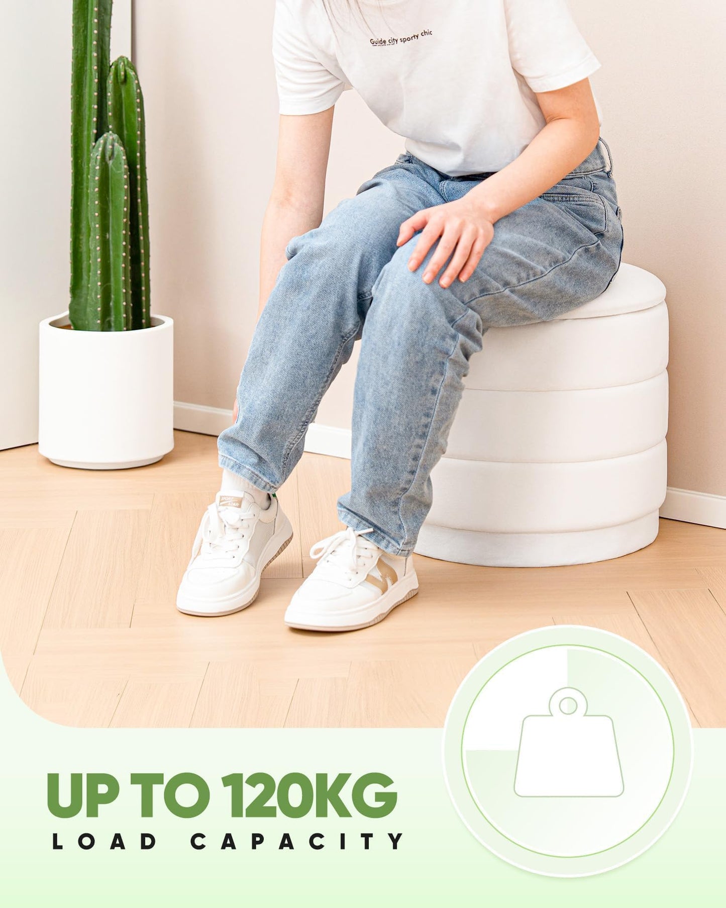 Bonlife Storage Ottoman Round - Folding Foot Rest with Hidden Storage, Cream Velvet 39x39x37cm for Living Room, Bedroom & Hallway
