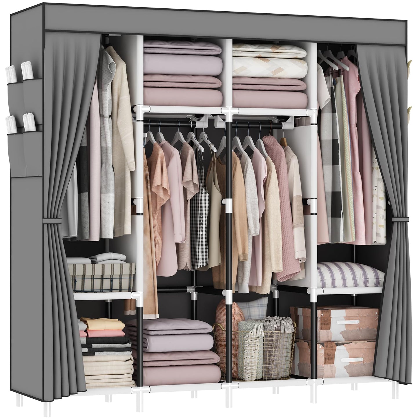 OPPAIYA Canvas Wardrobe, Fabric Wardrobes with 4 Hanging Rails, 4 Compartments and 8 Side Pockets, Zippered Pop Up Wardrobe