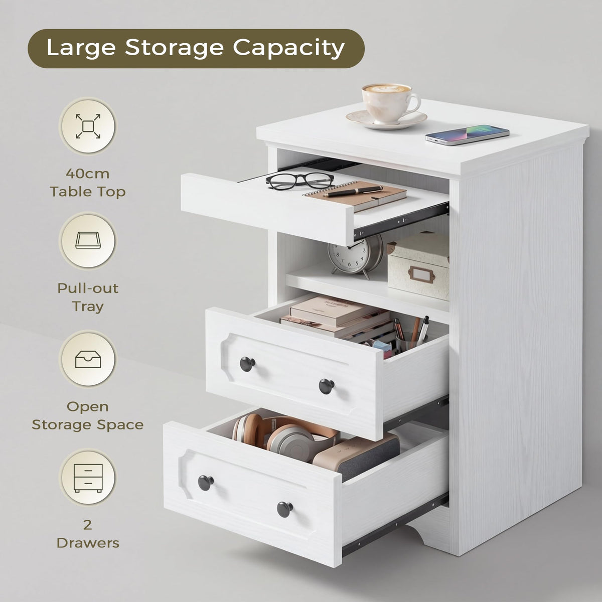 IRONCK Bedside Table Set of 2, Modern Nightstand with 2 Drawers, Open Shelf, End Table with Pull-Out Tray for Bedroom, Living Room, White
