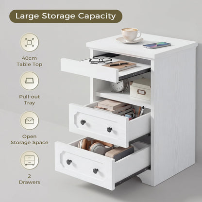 IRONCK Bedside Table Set of 2, Modern Nightstand with 2 Drawers, Open Shelf, End Table with Pull-Out Tray for Bedroom, Living Room, White