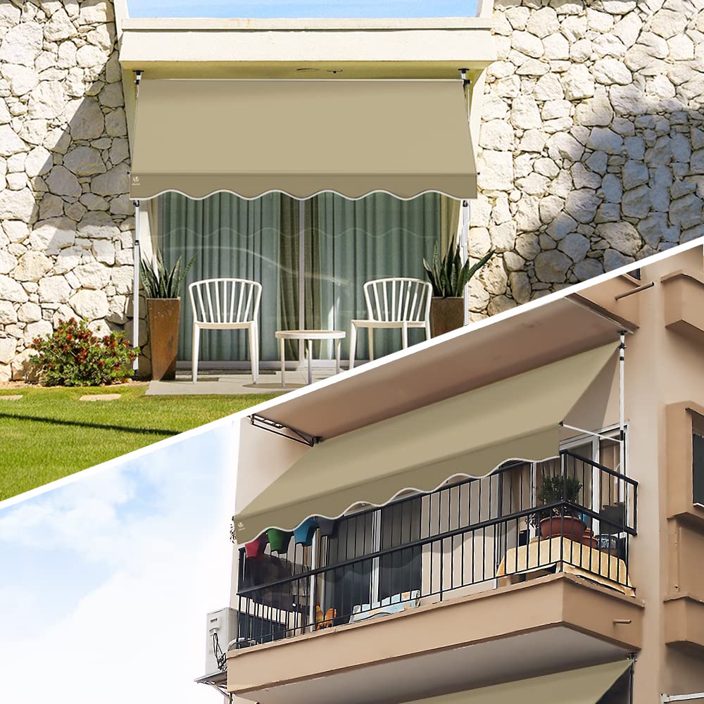 VOUNOT? 3 x 1.2m Patio Telescopic Awning, Retractable Manual Awning, Adjustable Waterproof Canopy with Hand Crank, Balcony Sun Shade Shelter, Beige