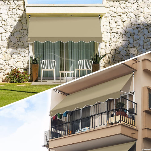VOUNOT? 2.5 x 1.2m Patio Telescopic Awning, Retractable Manual Awning, Adjustable Waterproof Canopy with Hand Crank, Balcony Sun Shade Shelter, Beige