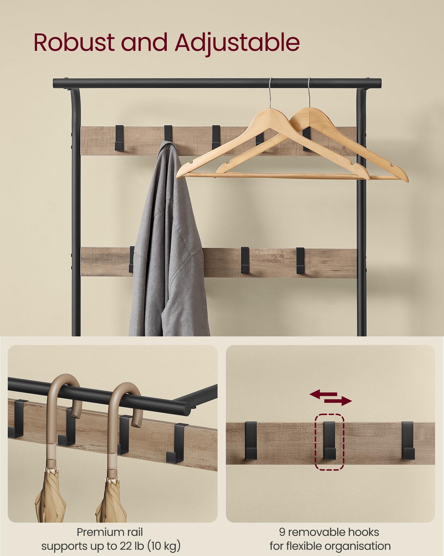 VASAGLE Coat Rack, Coat Stand with Shoe Storage Bench, 4-in-1 Design, with 9 Removable Hooks, a Clothes Rail, for Hallway, Entrance, 34 x 72 x 183 cm,