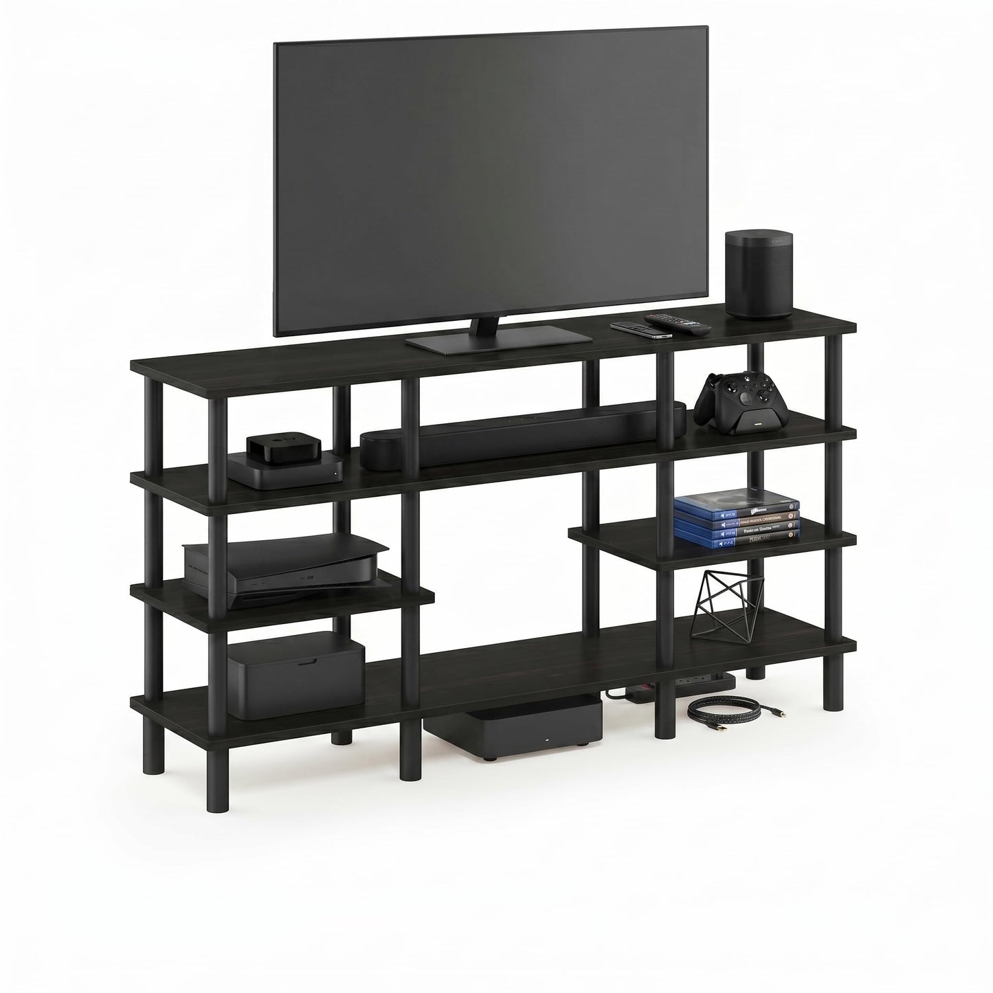 Furinno TURN-N-TUBE TV Stand, 4-Tier Multipurpose Wide Shelf Entertainment Center, TV Console for TV up to 55 Inch, for Living Room, Bedroom, Espresso