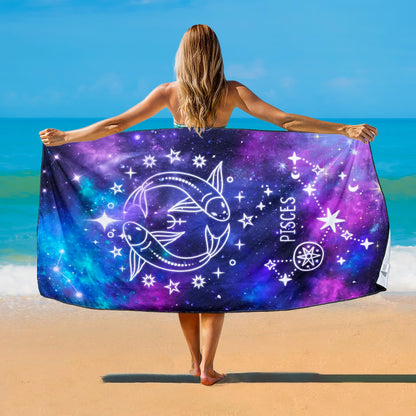Violetpos Pisces Zodiac Sign Beach Towel for Astrology Fans, Extra Large 180x90 cm 250GSM Microfibre, Sand Free Quick Dry