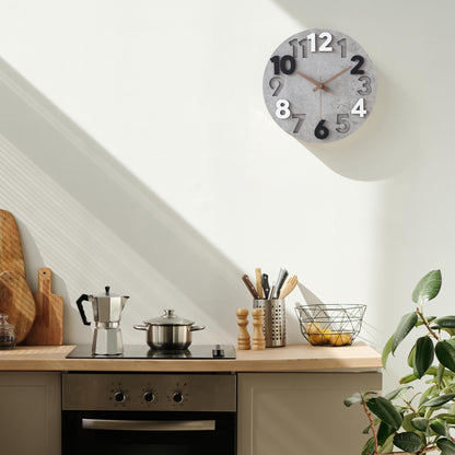 Stellarize Wall Clock Silent & Non Ticking 3D Modern Wooden 12 Inch Battery Operated Kitchen Bedroom Living Room Bathroom Decorative Clock Grey