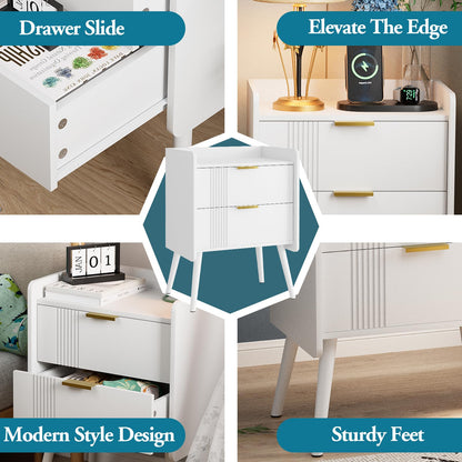 Garden 4 you White Bedside Table, Nightstand, Bed Side Table with Wood Decorated Drawers, Modern Bedside Cabinet, Bedroom End Table with Storage