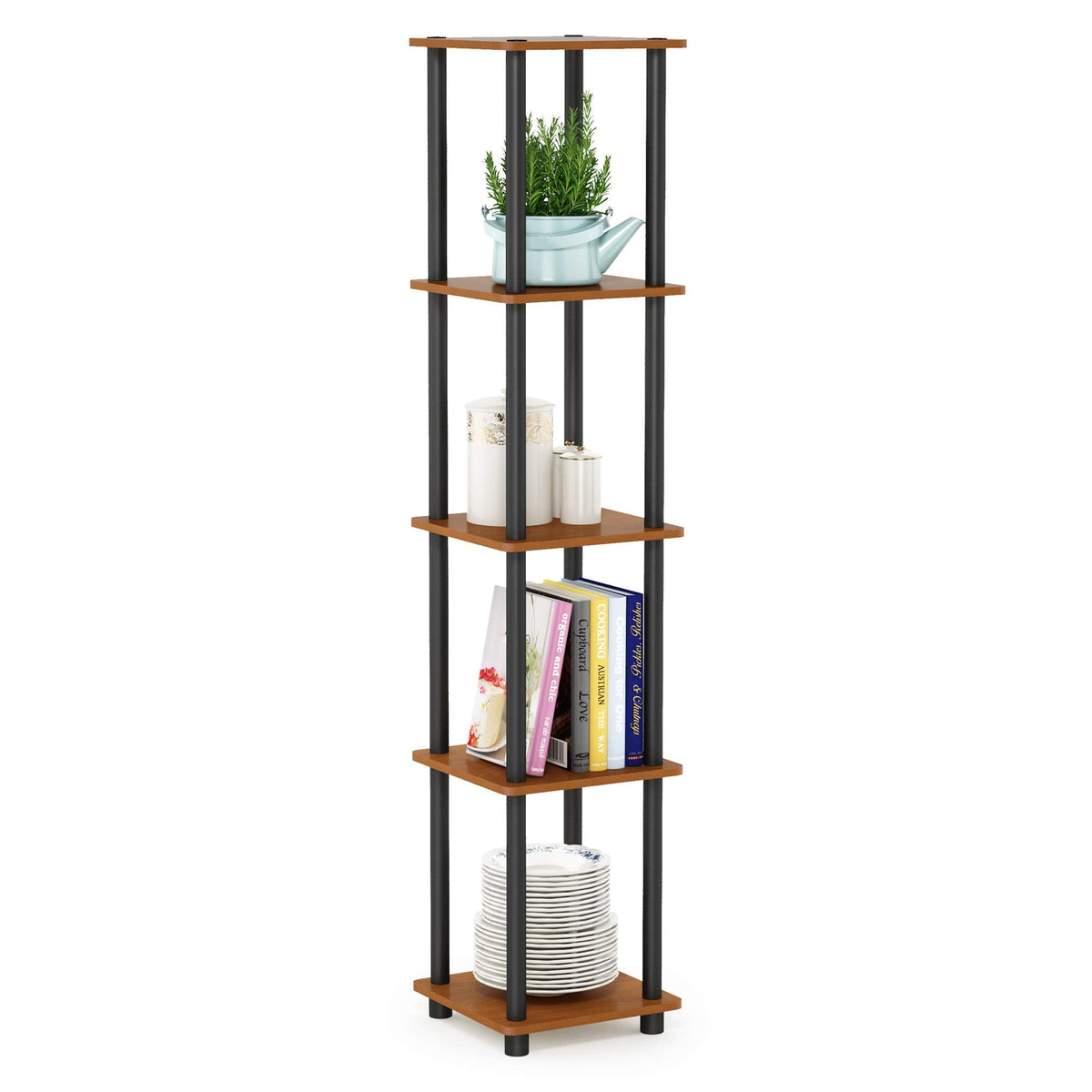 Furinno TURN-N-TUBE Storage Shelves, 5-Tier Square Book Shelf, Corner Shelf, Toolless Open Shelves, Round Tubes, for Organization and Storage