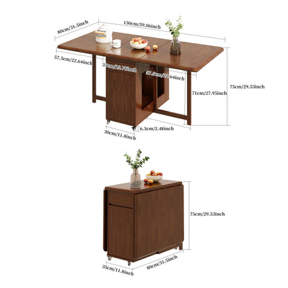 GildedGrove Walnut Foldable Dining Table Retro Design, Mobile on Casters with Storage Compartment, Space-Saving 1.3/1.5 Metre Long Table for Kitchen