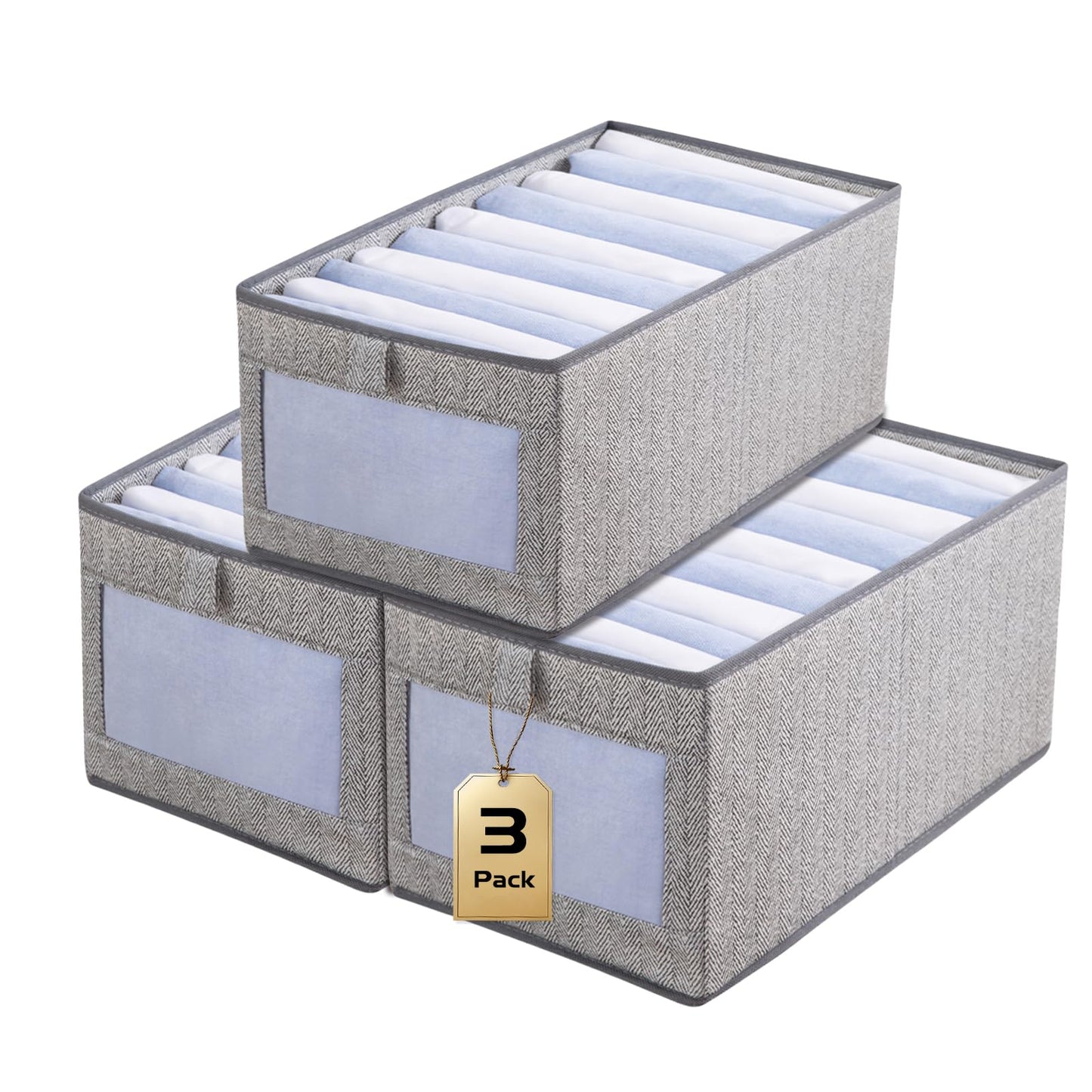 Aiuuee 3Pcs Clothes Storage Boxes, 40x30x20cm Fabric Storage Box with Handles, Collapsible Wardrobe Storage Organiser with Clear Window
