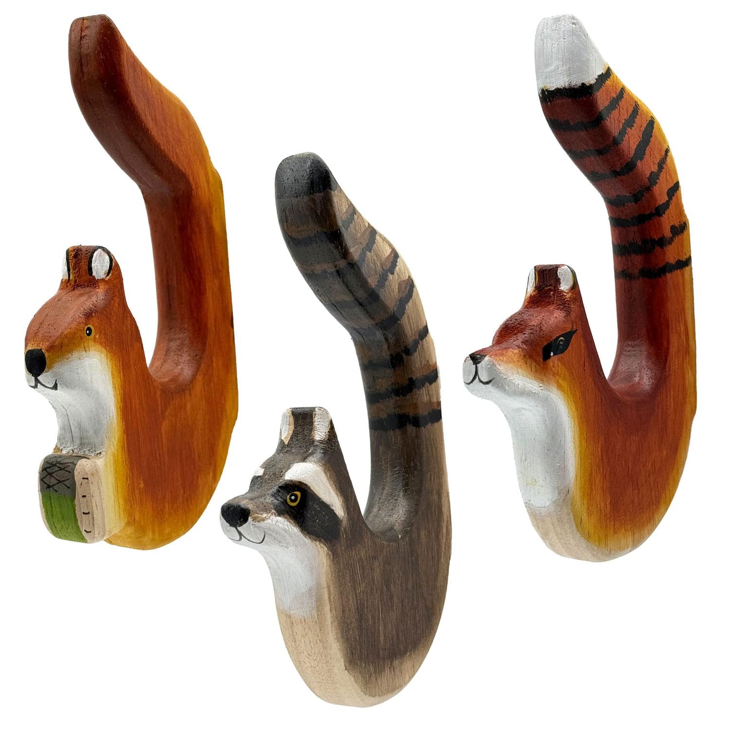 your castle 3 Wall Hooks Coat Hooks Clothes Hooks made of Wood: Squirrel/Fox/Raccoon hand-crafted, Clothes Hooks for Boys & Girls