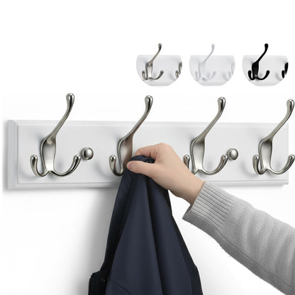 LARHN White Wall-Mounted Coat Rack - 4 Matt-Nickel Coat Hooks, 42cm