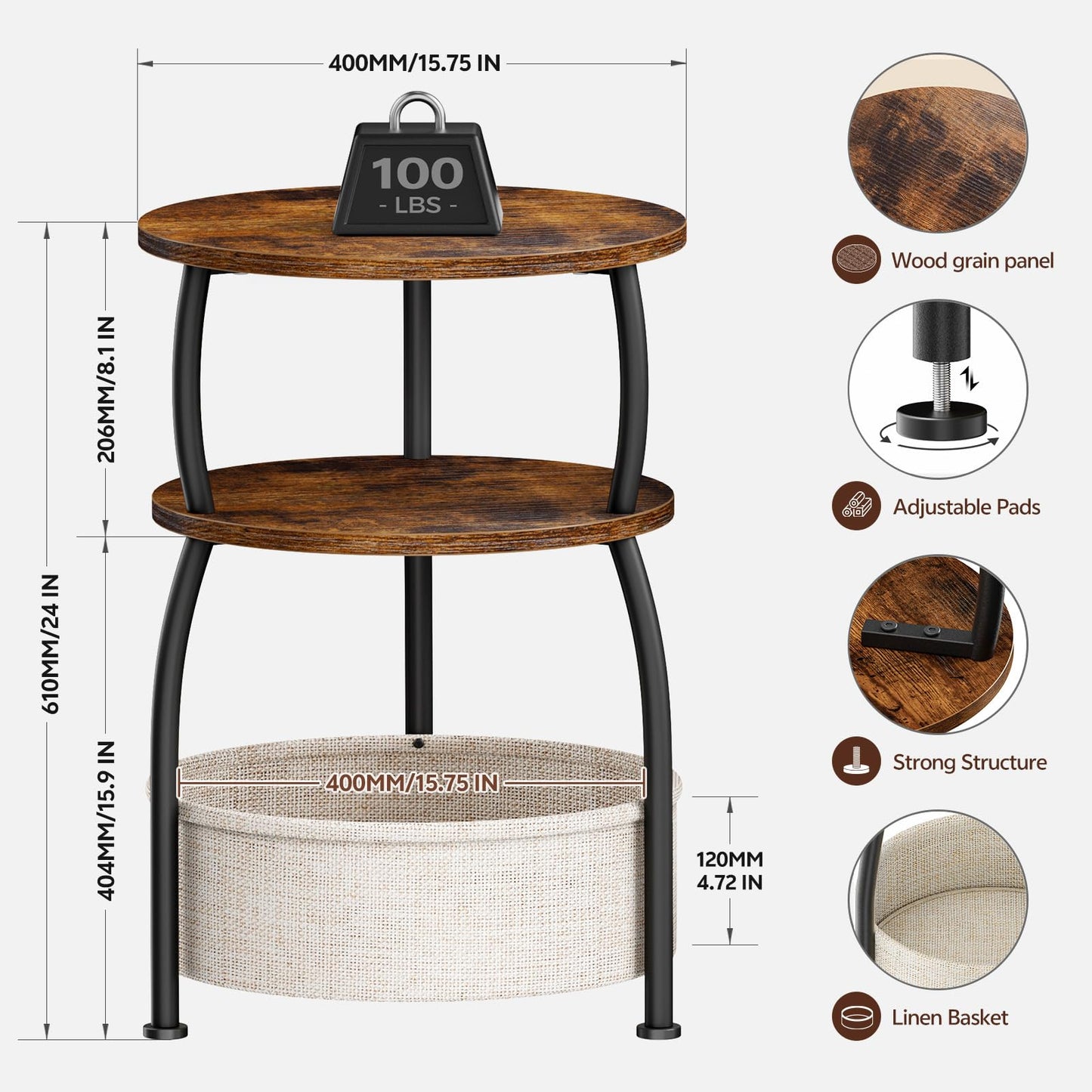 Yuede Side Table with Fabric Basket, Round End Table, 3 Tier Bedside Table, Coffee Table for Living Room, Bed Room, Modern, 40 x 61 cm, Brown