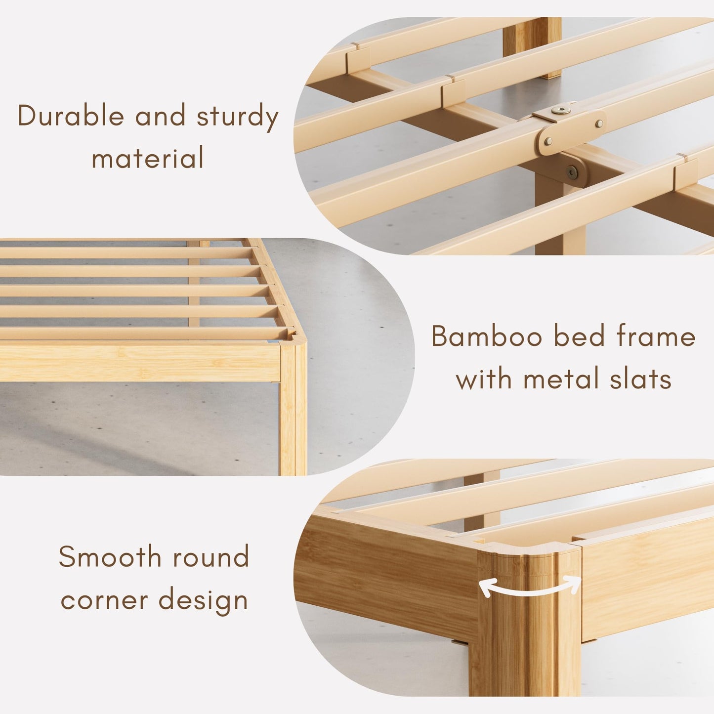 QFtime Bamboo Wood King Size Bed Frame with Metal Slats Support, Platform King Bed Frame, Easy to Install, Noise Free, Sturdy, 35.5 cm High