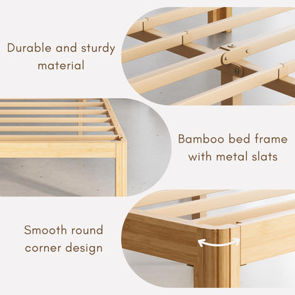 QFtime Bamboo Wood King Size Bed Frame with Metal Slats Support, Platform King Bed Frame, Easy to Install, Noise Free, Sturdy, 35.5 cm High