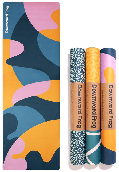 Downward Frog Printed Yoga Mat for Bikram, Hot Yoga, Fitness & Pilates - Light, Foldable, Travel Mat - Eco Natural Rubber, Vegan, Microfibre Towel