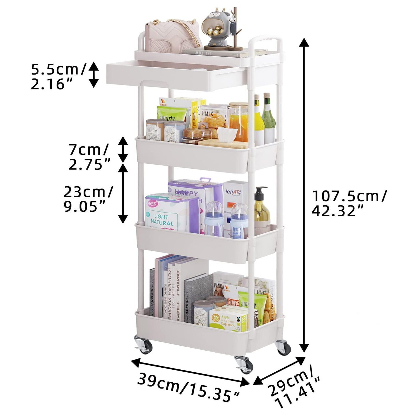 Wuciray Beauty Trolley on Wheels 4 Tier Storage Trolley with Drawer Plastic Beauty Trolleys Rolling Utility Cart for Home Kitchen Bathroom Laundry