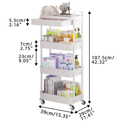 Wuciray Beauty Trolley on Wheels 4 Tier Storage Trolley with Drawer Plastic Beauty Trolleys Rolling Utility Cart for Home Kitchen Bathroom Laundry
