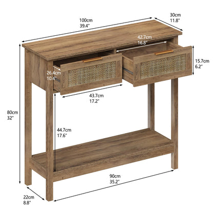Trironsun Boho Rattan Console Table with 2 Drawers 2 Tier Entryway Table Farmhouse Wood Sofa Table with Open Storage Shelf for Living Room Hallway
