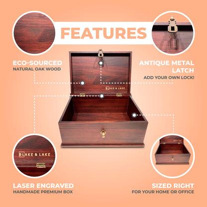 Blake & Lake Antique Style Wood Storage Box - Decorative Wooden Box with Hinged Lid and Metal Latch for Home or Office