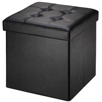 BRIAN & DANY Folding Ottoman Storage Box with Lid, Faux Leather Footstool Toy Storage Box Storage Seat 38 x 38 x 38 cm (Black)